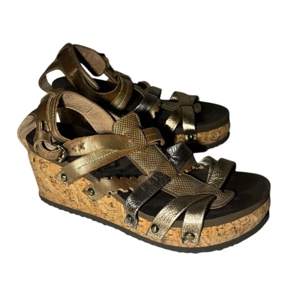 OTBT Storm Gold and Brown Wedges with‎ Crisscross Straps